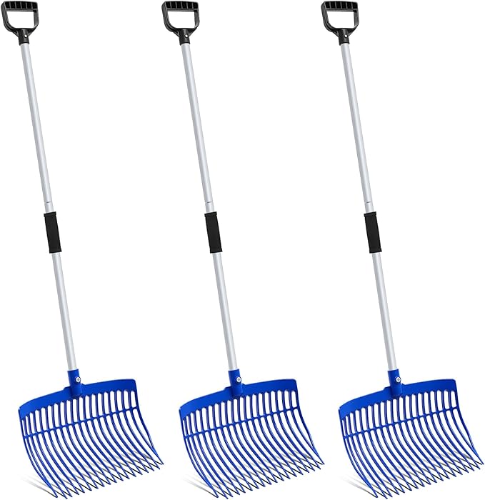 Lasnten 3 Sets Blue Manure Fork with Long Metal Handle Pitch Fork Manure Rake Heavy Duty Muck Rake for Gardening Horse Stall Stable Grass Hay Cleaning Farm Work(D Shaped Grip)