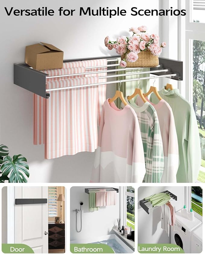 Wall Mounted Clothes Drying Rack 32", Foldable Wall Mount Laundry Rack Folding Indoor, Drying Rack Clothing Collapsible, Hidden Space Saver with Wall Template, 5 Rods, Black