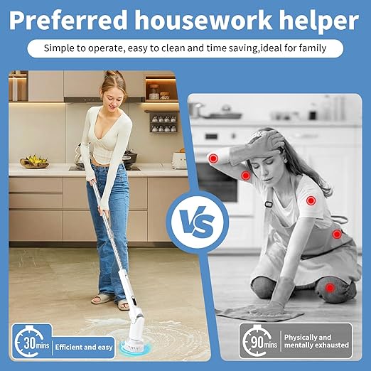 Electric Spin Scrubber - Cordless Cleaning Brush with Digital Display, 2 Speeds, 8 Brush Heads, IPX7 Waterproof, Adjustable Long Handle for Bathroom, Tub, Tile, Shower, and Car（Grey）