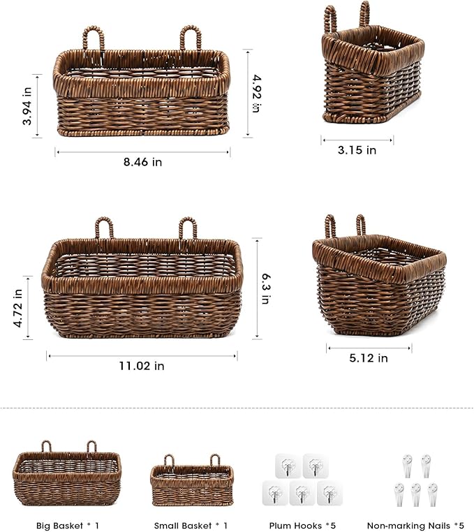 AceList Wall Hanging Basket, Boho Style Hand-Woven Hanging Storage Baskets - Set of 2, Ideal for Boho Room Decor, Kitchen, Garden, and Living Room(Brown)