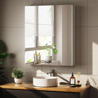 Bathroom Medicine Cabinet Mirror with Storage, 16 Inch x 24 Inch Silver Medicine Cabinet with Single Door & Adjustable Shelves for Vanity, Aluminum Surface, Wall-Mount or Recessed