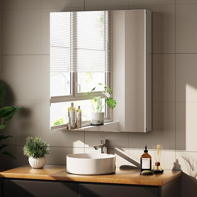 Bathroom Medicine Cabinet Mirror with Storage, 16 Inch x 24 Inch Silver Medicine Cabinet with Single Door & Adjustable Shelves for Vanity, Aluminum Surface, Wall-Mount or Recessed