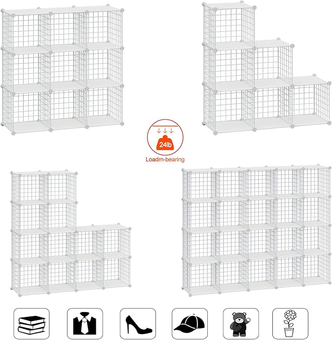 HUBSON Wire Cube Storage Organizer, Book/Toy/Craft/Potted Plants and petCloset Organizers and Storage Shelves, 12-Cube Freely Combinable Metal Grids Storage Shelf,White Plus Iron