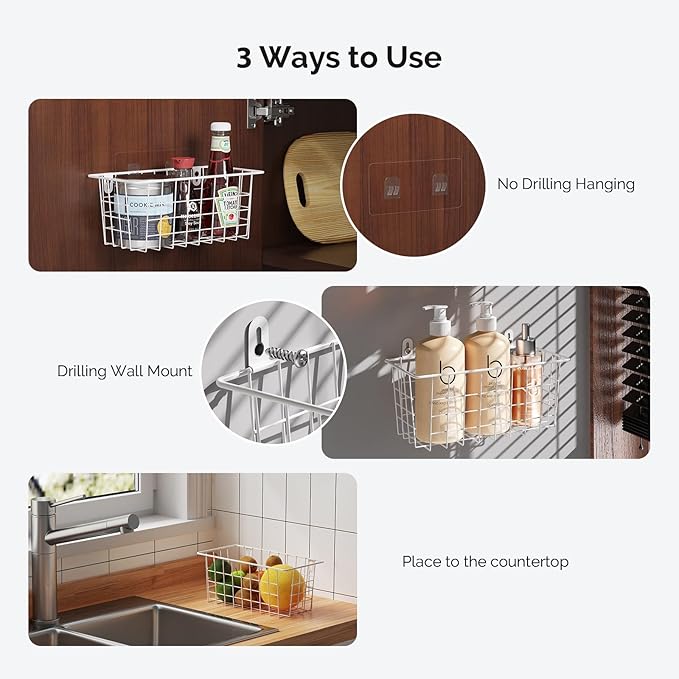 MaraFansie Hanging Wire Baskets Kitchen Storage Basket Adhesive and Screws Basket Over the Cabinet Door Organizer with Adhesive Strips and Screws Accessories, 2 Installations, 2 Pack, White