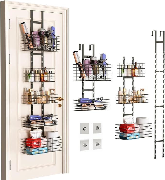 5-Tier Over The Door Bathroom Organizer - Hair Dryer Holder - Hair Tool Organizer Adjustable Height, DIY Bathroom Storage Shelf Wall Mounted for Flat/Curling Irons, Straighteners, Skincare