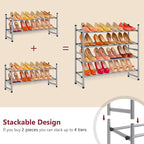 Tajsoon 2 Tier Expandable Shoe Rack for Closet, 28“-41“Adjustable & Stackable Shoe Shelf Storage, Metal Shoe Rack Organizer for Front Door Entrance, Closet, Garage, Entryway, Grey