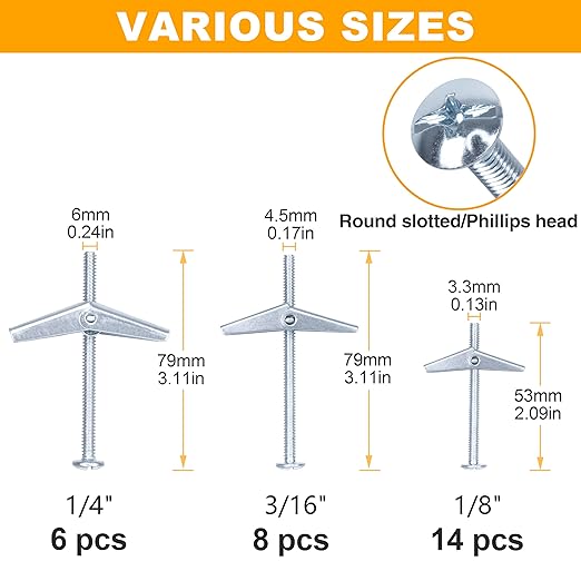 KURUI Heavy Duty Hollow Wall Anchors for Drywall Ceiling, Toggle Bolts and Wing Nut Kit, 28Pcs Metal Drywall Anchors and Screws Assortment Set, 3 Sizes Butterfly Anchors for Hanging 1/8, 3/16, 1/4