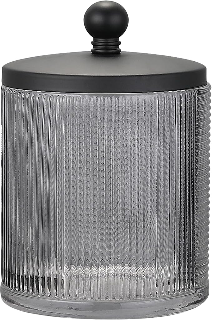 Gray Colored Tranlucent Apothecary Ribbed Geo Etched Glass Jar W/Matte Black Metal Lid Cover for Bathroom Organization, Cotton Balls, Q Tips, and Small Accessories, Bathroom Storage