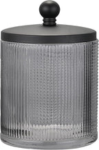Gray Colored Tranlucent Apothecary Ribbed Geo Etched Glass Jar W/Matte Black Metal Lid Cover for Bathroom Organization, Cotton Balls, Q Tips, and Small Accessories, Bathroom Storage
