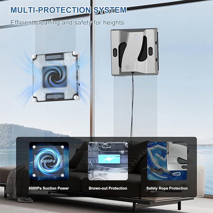 Window Cleaning Robot 6000Pa Suction Power Window Cleaner Robot with 4 Water Spray Intelligent Cleaning with App Control, Perfect for High-Rise Windows, Tiles and Glass Doors