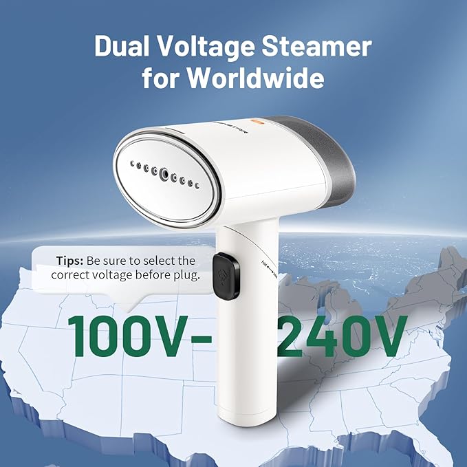 Travel Steamer for Garments with Dual Voltage for Worldwide Use, 120V/220V Foldable Handheld Fabric Wrinkle Remover,15s Fast Heat-up, 1200W Horizontal & Vertical Steaming, 1.9 Pounds