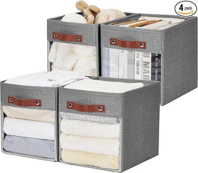Storage Cube Organizer with Clear Window, Linen Collapsible Storage Boxes with PU Handles, Cube Storage Bins for Shelf, Closet, Cabinet, Bookcase (10.5x10.5x11, Gray)