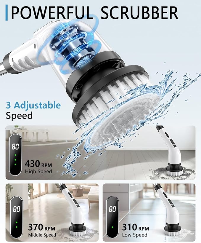 Electric Spin Scrubber Cordless - 3 Speed Rechargeable, Adjustable & Detachable Handle, 9 in 1 Brush Heads Power Scrub Brushes for Cleaning Supplies Shower Bathroom Tub Kitchen Tile Floor