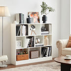 YAHARBO White 10 Cube Bookshelf,3 Tier Modern Horizontal Bookcase,Wooden Low Book Shelf Display Storage Cabinet with Base,Floor Standing Short Bookshelves Open Organizer for Bedroom,Living Room,Office