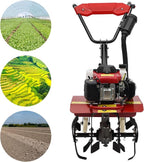 Mini Tiller Cultivator, 63CC 4-Stroke Gas Powered Tiller Cultivator 8500-9000rpm Speed 1600W Garden Yard Rototiller Tilling with Fuel Tank Cordless Tiller Cultivator for Gardening