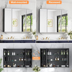 40x30 Inch Medicine Cabinet with Mirror, Aluminum Bathroom Mirror Cabinet, Beveled Edge Mirrored Door, Adjustable Shelves, Surface or Recessed Mount Bathroom Mirrors with Storage, Triple Door,Black