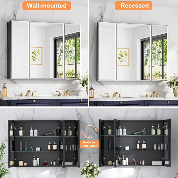 40x30 Inch Medicine Cabinet with Mirror, Aluminum Bathroom Mirror Cabinet, Beveled Edge Mirrored Door, Adjustable Shelves, Surface or Recessed Mount Bathroom Mirrors with Storage, Triple Door,Black