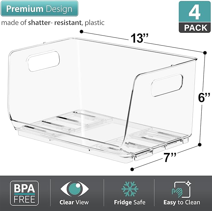 Sorbus Stackable Storage Bins Open Front - Clear Stackable Storage Bins - Pantry Bins for Storage and Organization - Acrylic Stackable Bins for Kitchen - Clear Pantry Organizer Bins (Small 4 Pack)