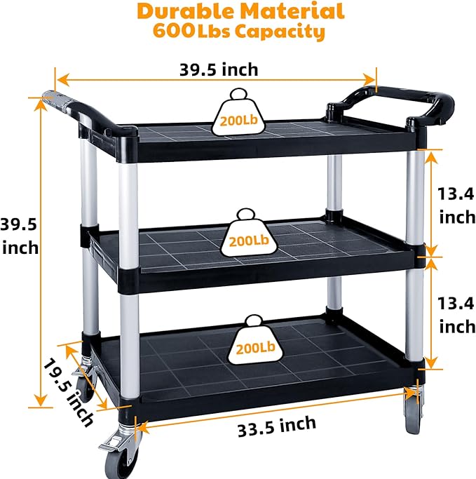 Utility Carts with Wheels, Large Size 3 Tier Rolling Cart with Lockable Wheels, Heavy Duty 600lbs Capacity Food Service Cart for Restaurant, Kitchen, Home, Warehouse, Office