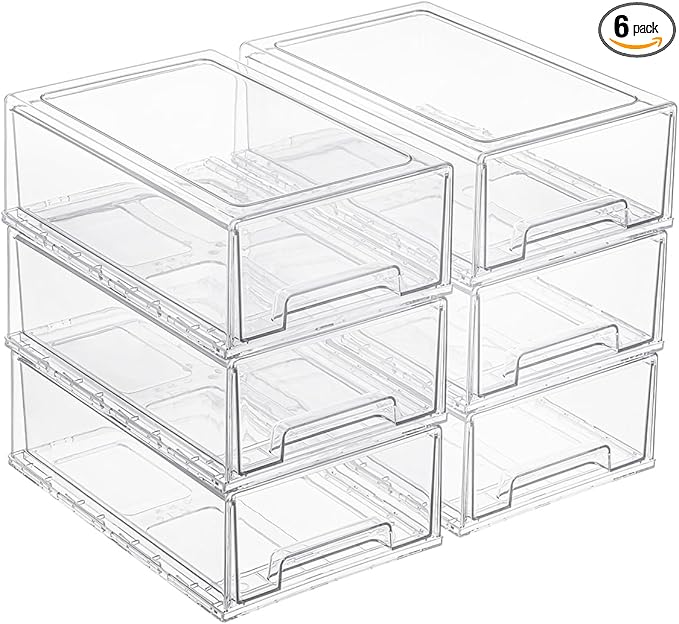 6 Pack Stackable Pull-Out Storage Drawers，Plastic Clear Organizer Bins with Handles，Easily Clean for Craft, and Toy Organization，Kitchen Undersink，Cabinet，Fridge，Closet，Pantry，Office，Bathroom
