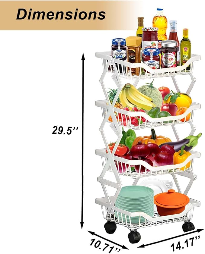Rolling Rack Storage Cart, Foldable Metal Organizer with casters, Multi-Level Shelf for Kitchen, Office, Laundry, White 4-Tier 14.17" L x 10.71" W x 29.5" H