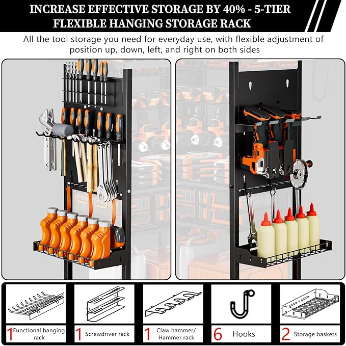 All-Metal Heavy-Duty Power Tool Organizer with Charging Station 8 AC Power Outlet Charging Station Tool Organizer 5 Layers + 5 Side Hooks Integrated Design Tool Organizers and Storage Practical