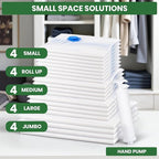 Vacuum Storage Bags,20Pack Vacuum Seal Bags for Clothing,Travel,Clothes,Comforters,Blankets,Pillows-4 Jumbo+4 Large+4 Medium+4 Small+4 Roll Up Space Saving Bag Hand Pump Inclued