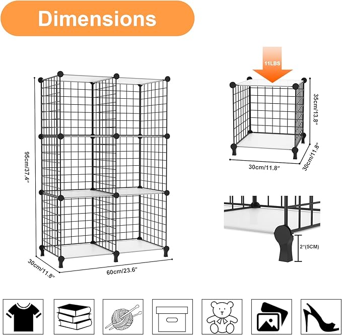 AWTATOS 6 Cube Storage Wire Closet Organizers DIY Stackable Storage Shelves Bookcase Cabinet for Home Office, Black