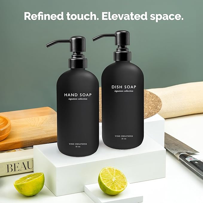 Vine Creations Black Glass Soap Dispenser Set, Dish Soap and Hand Soap Dispenser Set with Stainless Steel Pump, 16 oz Glass Dispensers for Kitchen Bathroom Decor (Matte Black Bottle/Matte Black Pump)