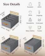 Clothes Organizers and Storage - 4/5/7 Grids Fabric Jeans Organizer with Handles, Foldable Closet Organizers Dividers, Wardrobe organizer for Pant, Sweater, T-shirt, Scarf, 6 Pack, Pale Grey