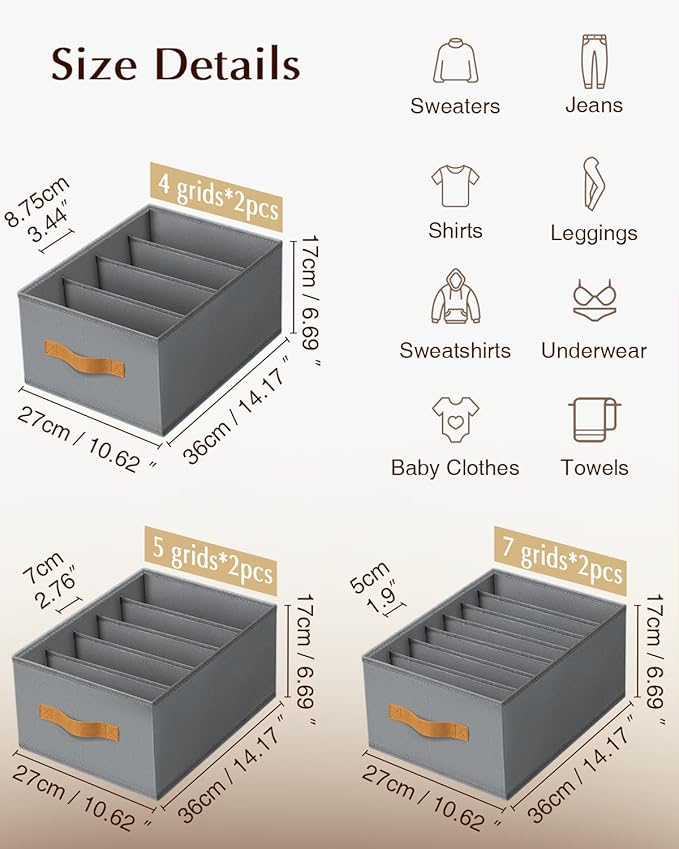 Clothes Organizers and Storage - 4/5/7 Grids Fabric Jeans Organizer with Handles, Foldable Closet Organizers Dividers, Wardrobe organizer for Pant, Sweater, T-shirt, Scarf, 6 Pack, Pale Grey