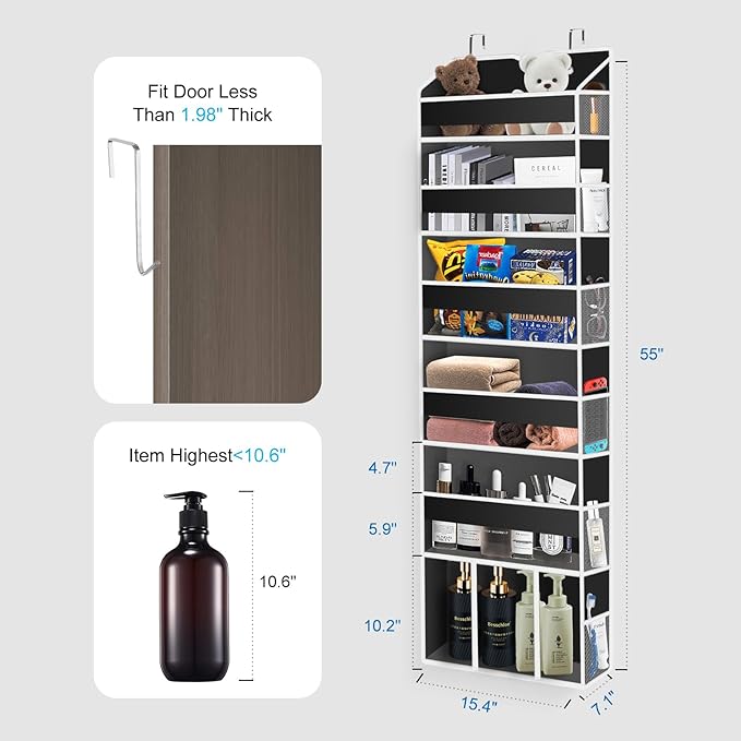 Over The Door Organizer Closet,6 Bins 12 Side Pockets,Hanging Organizer,Anti Tilt 50 lbs Load Organizers and Storage with Clear Window for Bedroom,Nursery,Rv,Bathroom,Camper(Black)