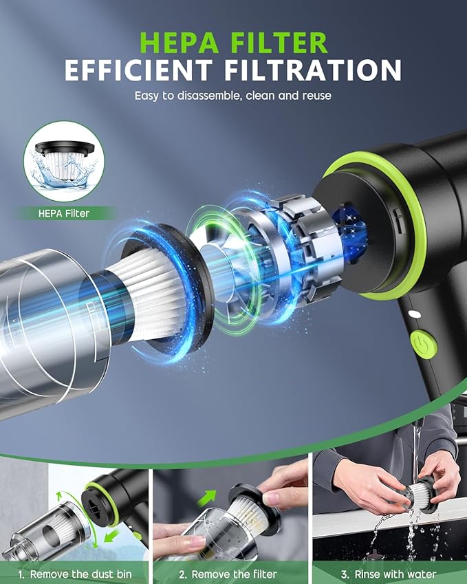 CODN Handheld Car Vacuum Portable Cordless 12000PA, 2 in 1 Handheld Vacuum Cleaner and Air Duster with Multi-Nozzles and LED Light, Mini Hand Held Vacuum Rechargeable for Home, Car, Office, Pet Hair