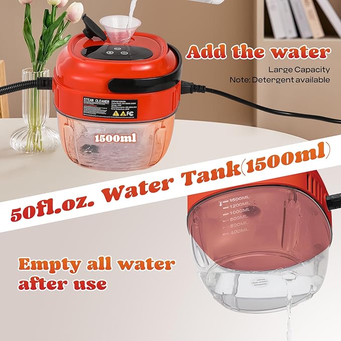 Moongiantgo Handheld Steam Cleaner 2500W High Pressure 1.5L Steamer for Cleaning, Portable Steam Cleaner for Home Kitchen Bathroom, Steam Cleaner for Car Detailing Grout Tile (Red)