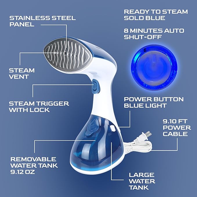 Steamer for Clothes 1200W, Compact Handheld Garment Steamer for Home, Travel, Office. Portable Clothing Steamer with Upgraded Large Capacity Water Tank. Fabric Wrinkle Remover.