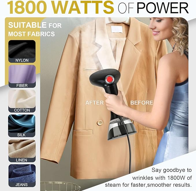 Steamer for Clothes, 1800W Fast Heat-up Clothes Steamer Handheld Garment Steamer with 3 Steam Settings, 380ml Water Tank, 9.8' Cord, Portable Travel Steam Iron for Removes Wrinkle Safe on All Fabrics