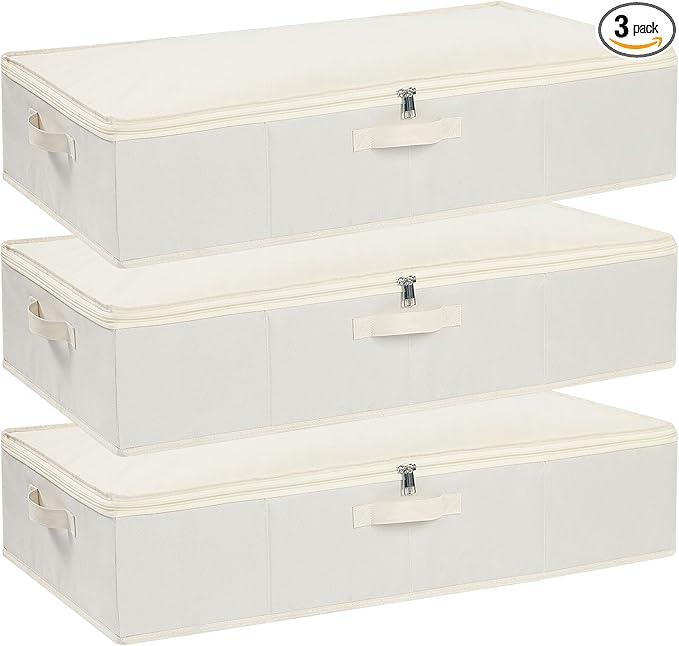 Clothes Organizers, Under Bed Storage Containers, Storage Bins With Lids and Reinforced Handles, Beige, 3 Pack, 23.6 x 11.8 x 5.9 Inch