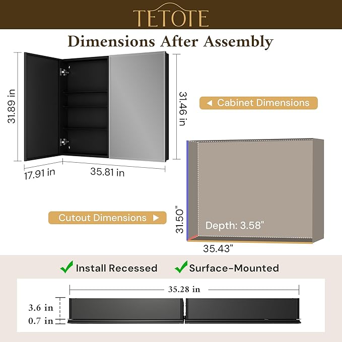 TETOTE 36 x 32 Mirrored Medicine Cabinets for Bathroom with Tempered Beveled Mirror Black Medicine Cabinet Aluminum Cabinet DTC Hinges, Stepless Adjustable Shelves, Recessed/Surface-Mounted