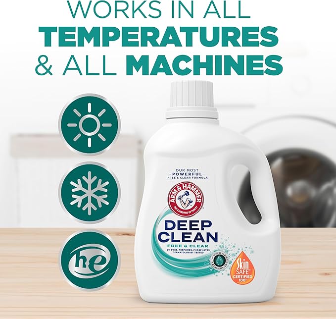 ARM & HAMMER Deep Clean Free & Clear Liquid Laundry Detergent, Free of Dyes, Perfumes and Phosphates, Suitable for Sensitive Skin, Dermatologist Tested, 102 Fl Oz, 68 Loads