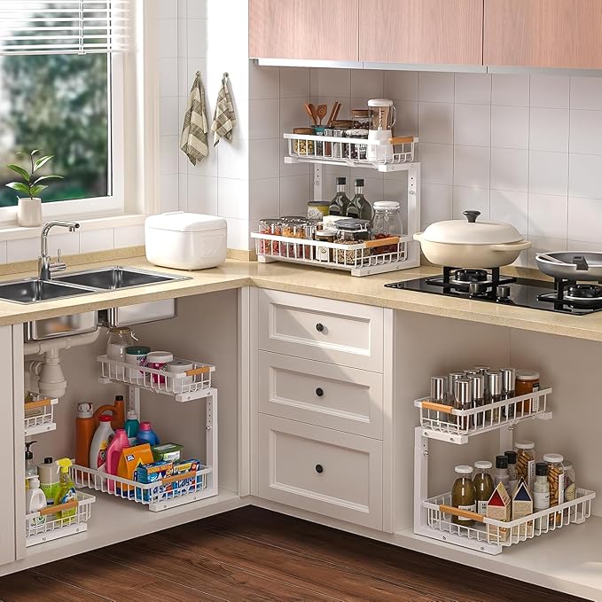 Under Sink Organizer Storage 1 pack, 2 Tier Slide Out Height Adjustable Pull Out Cabinet Organizer Drawers, Kitchen Bathroom Large Capacity Metal Under Sink Rack Caddy Basket Shelves, White