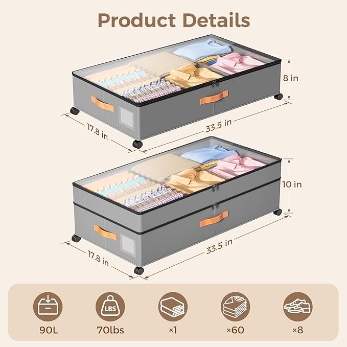 Under Bed Storage with Wheels, Large Capacity UnderBed Containers with Clear Lids, Shoe Organizer Under Bed Drawers, Rolling Under the Bed Storage for Clothes, Shoes, Blankets