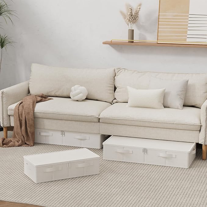 Underbed Storage Bins Drawer, Foldable Under Bed Boxes, Fabric Closet Container with Lid for Organizing Clothes, Sheets, Blankets, Comforter, 31.4x15.7x5.9in, Beige, 3 Pack