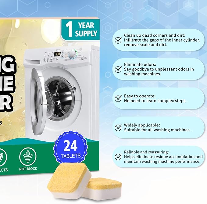 Washing Machine Cleaner Tablets - For HE Front & Top Load Washer - Eliminates Odor causing build-up,debris from drum, pipes,and filter,Septic Safe - 24 Counts/1 Year Supply