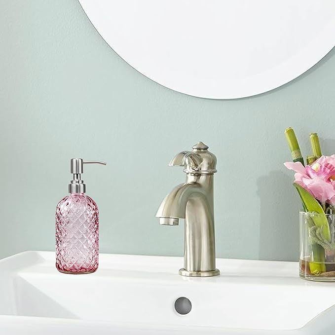 16 oz Soap Dispenser with 304 Rustproof Stainless Steel Pump, Kitchen, Bathroom Refillable Glass Liquid Soap Dispenser for Hand Soap, Soap, Lotion. (Pink)