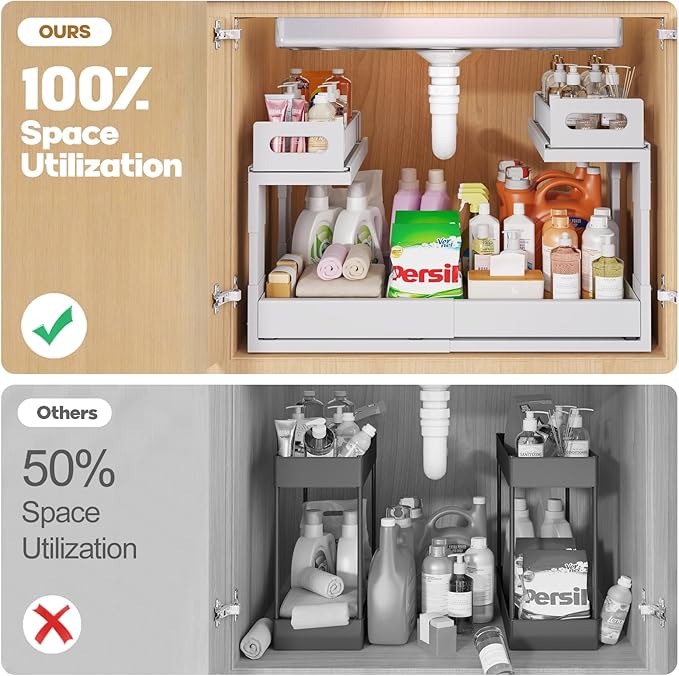 1 Pack Expandable Under Sink Organizers Storage With Upgrade Ball-Bearing Slide Tracks,2-Tier Pull Out Under Cabinet Organizer Height Adjustable,Not Suitable For Cabinets With Partitions In The Middle