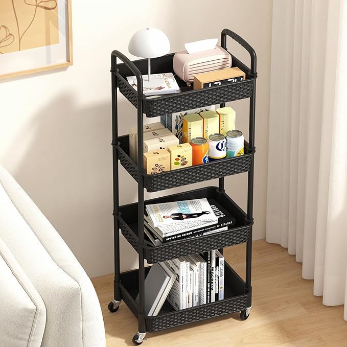 MOYIPIN 4-Tier Plastic Rolling Utility Cart with Handle,Utility Storage Cart for Office, Living Room, Kitchen,Movable Storage Organizer Shelves,Black