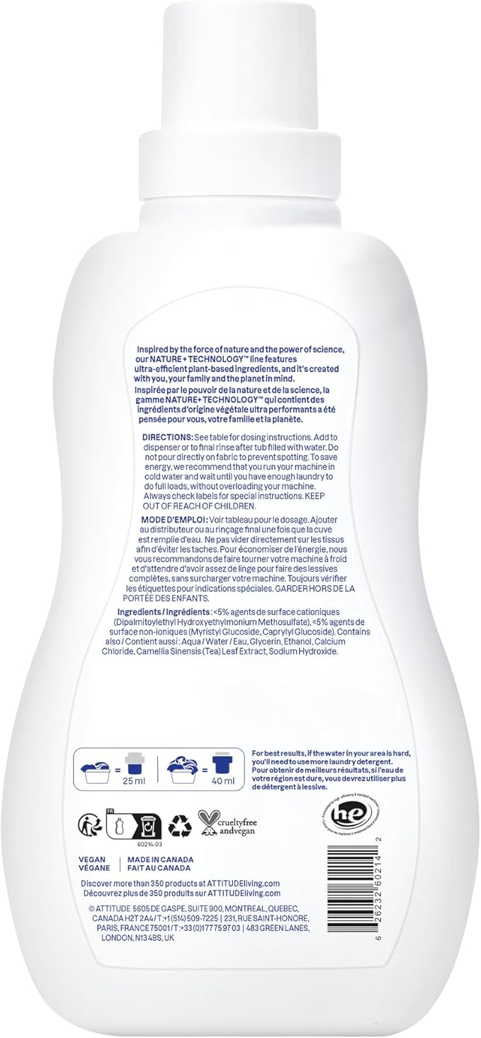 ATTITUDE Liquid Fabric Softener, Plant-Based & Vegan, HE Compatible, Naturally Derived, Unscented, 40 Loads, 33.8 Fl Oz