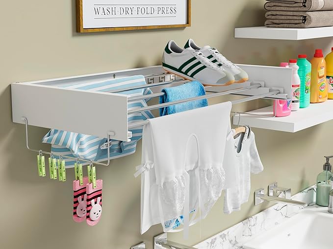 Wall Mounted Hidden Clothes Drying Rack - Pull-Out Laundry Organizer with 5 Stainless Steel Rods - Collapsible & Foldable for Laundry Room/Bathroom - Heavy Duty & Space Saving (31.5", White)