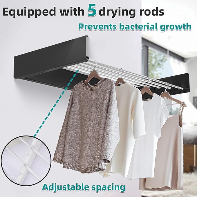 Laundry Drying Rack Collapsible, Wall Mounted Clothes Drying Rack. 31.5" Wide, 13.1 Linear Ft, 5 Aluminum Rods, with Wall Template, Screwdriver Bit(Black)