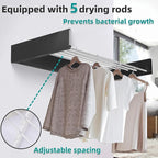 Laundry Drying Rack Collapsible, Wall Mounted Clothes Drying Rack. 39.37" Wide, 19.3 Linear Ft, 5 Aluminum Rods, with Wall Template, Screwdriver Bit (Black 40')